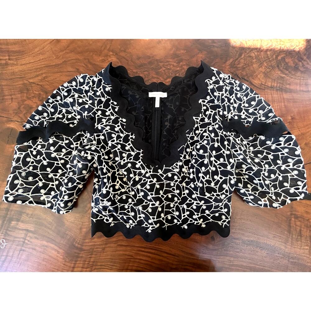 Rebecca Taylor Black & White Embroidered Lace Silk Puff Sleeve Crop Top - Fits S
